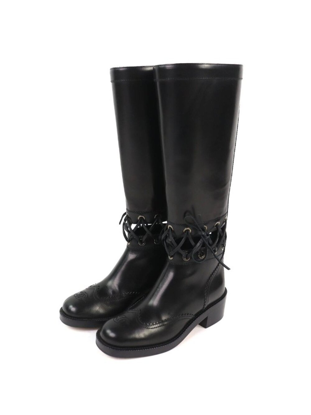 Chanel CC Logo Lace Up Cut Replacement Back Zip Leather Long Boots